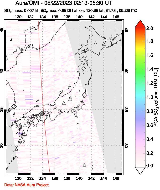 A sulfur dioxide image over Japan on Aug 22, 2023.