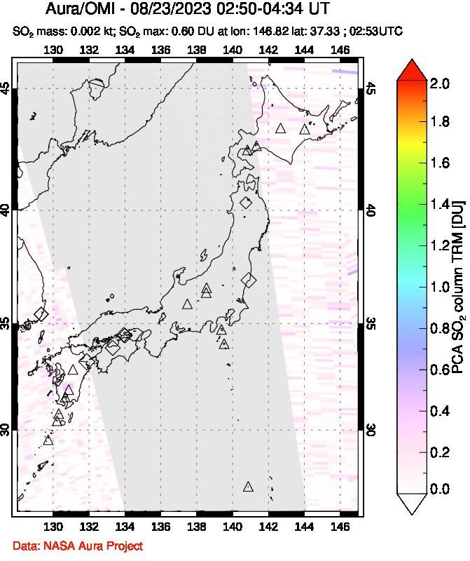 A sulfur dioxide image over Japan on Aug 23, 2023.