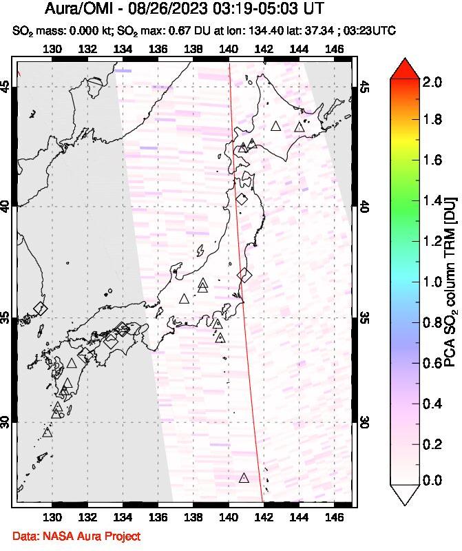 A sulfur dioxide image over Japan on Aug 26, 2023.