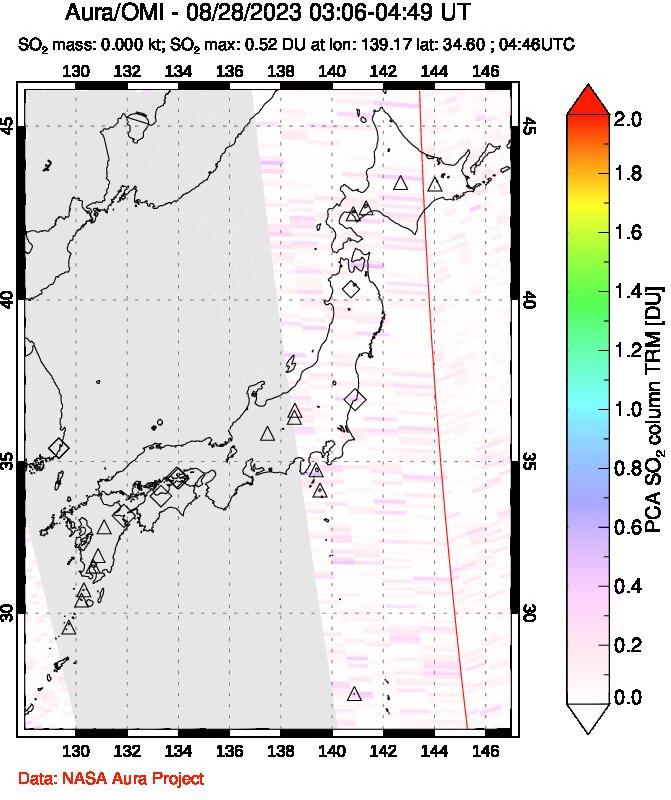 A sulfur dioxide image over Japan on Aug 28, 2023.