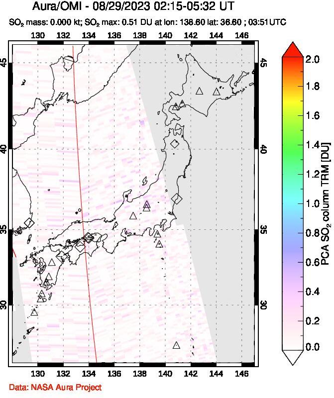 A sulfur dioxide image over Japan on Aug 29, 2023.