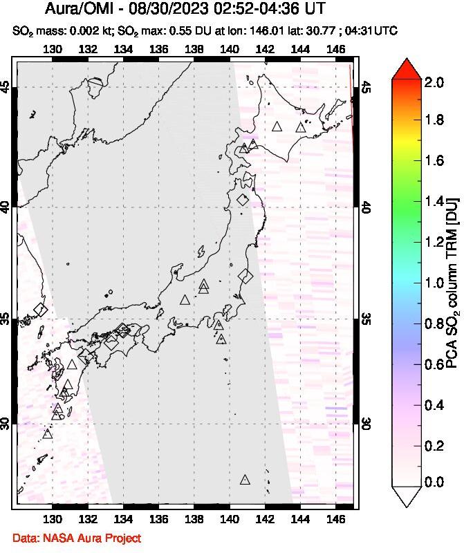 A sulfur dioxide image over Japan on Aug 30, 2023.