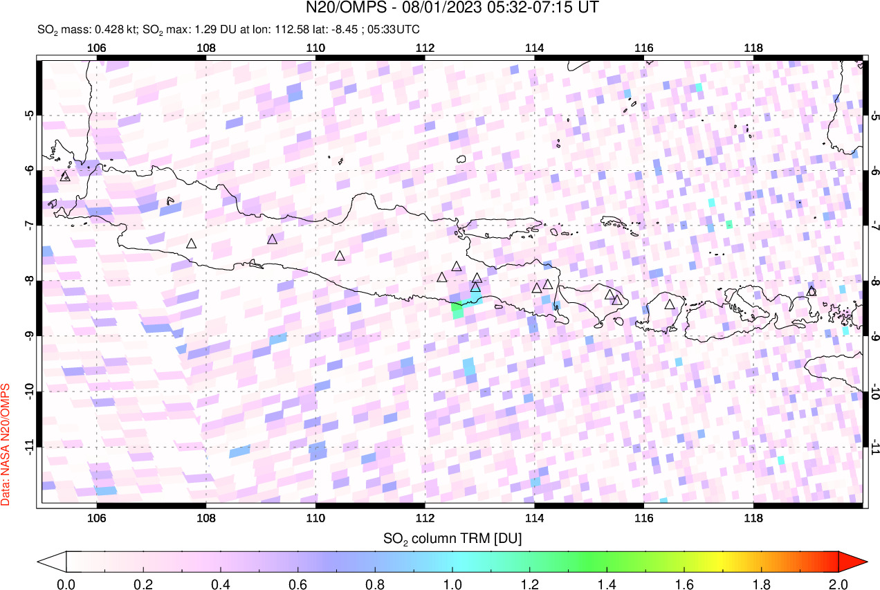 A sulfur dioxide image over Java, Indonesia on Aug 01, 2023.