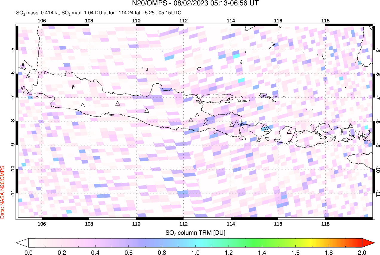 A sulfur dioxide image over Java, Indonesia on Aug 02, 2023.