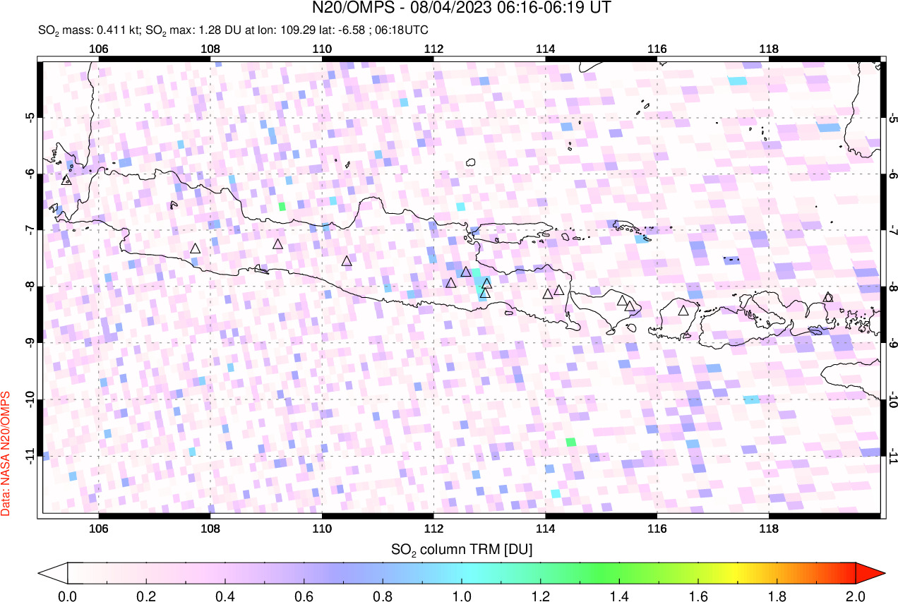 A sulfur dioxide image over Java, Indonesia on Aug 04, 2023.