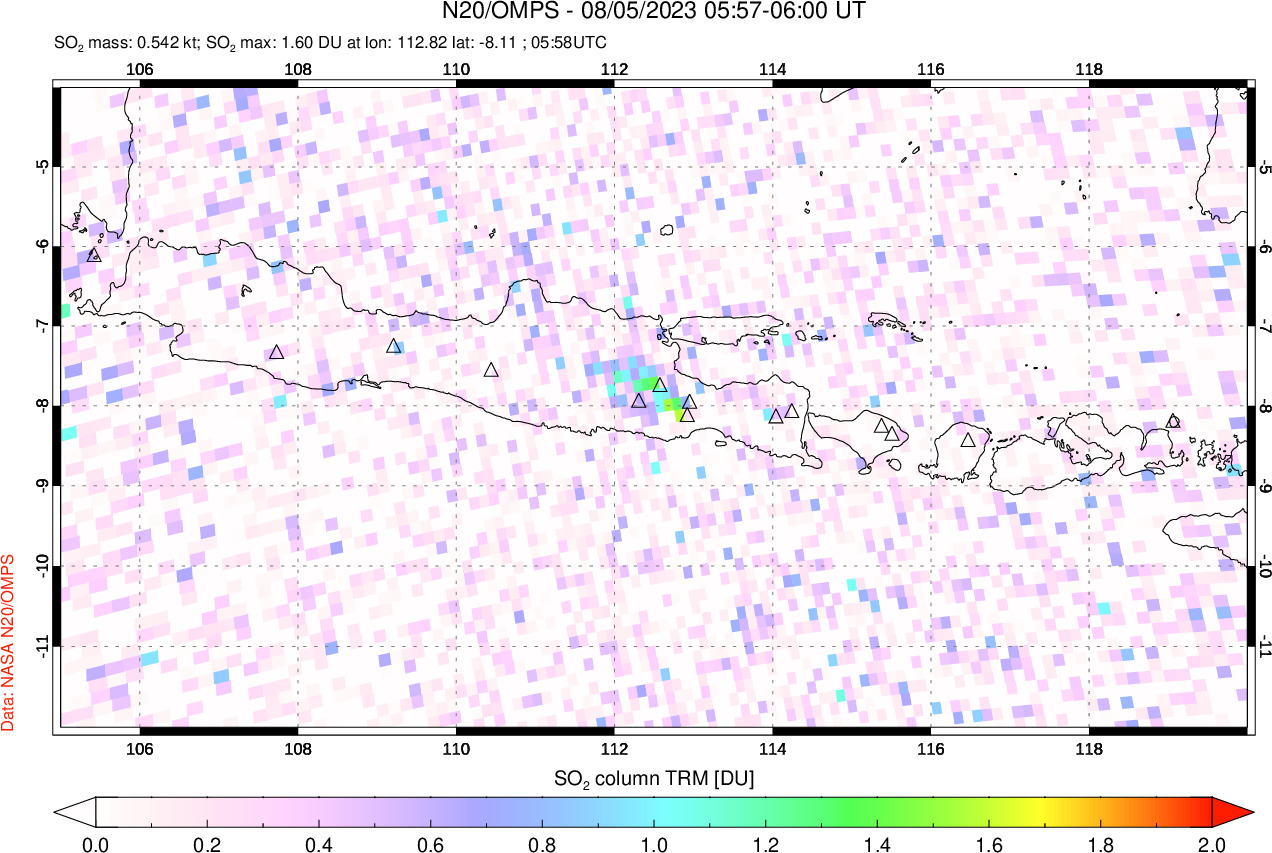 A sulfur dioxide image over Java, Indonesia on Aug 05, 2023.
