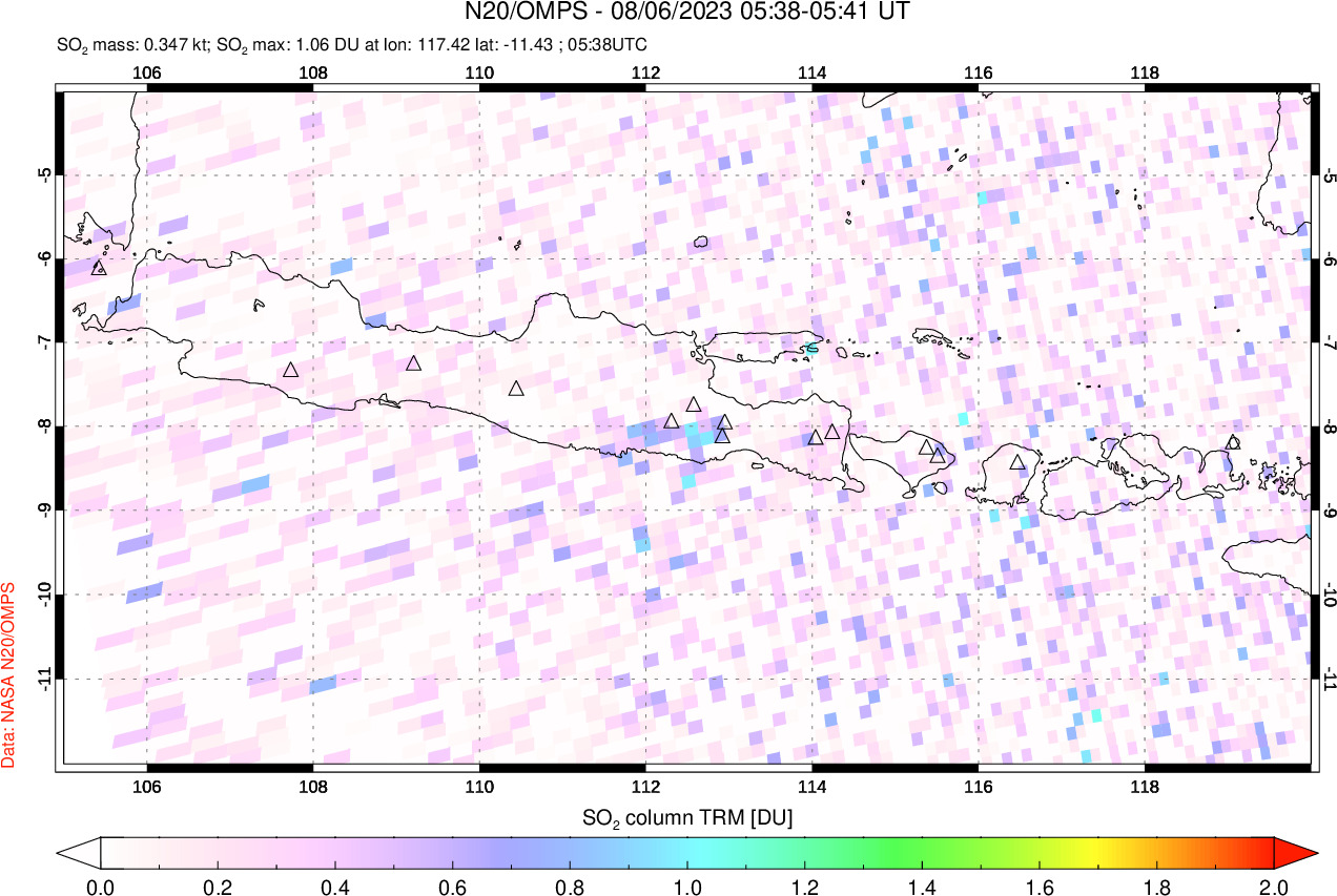 A sulfur dioxide image over Java, Indonesia on Aug 06, 2023.