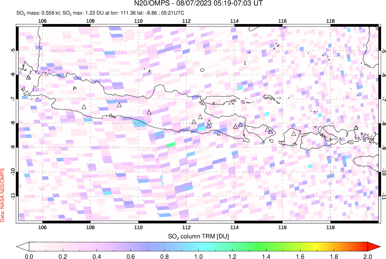 A sulfur dioxide image over Java, Indonesia on Aug 07, 2023.