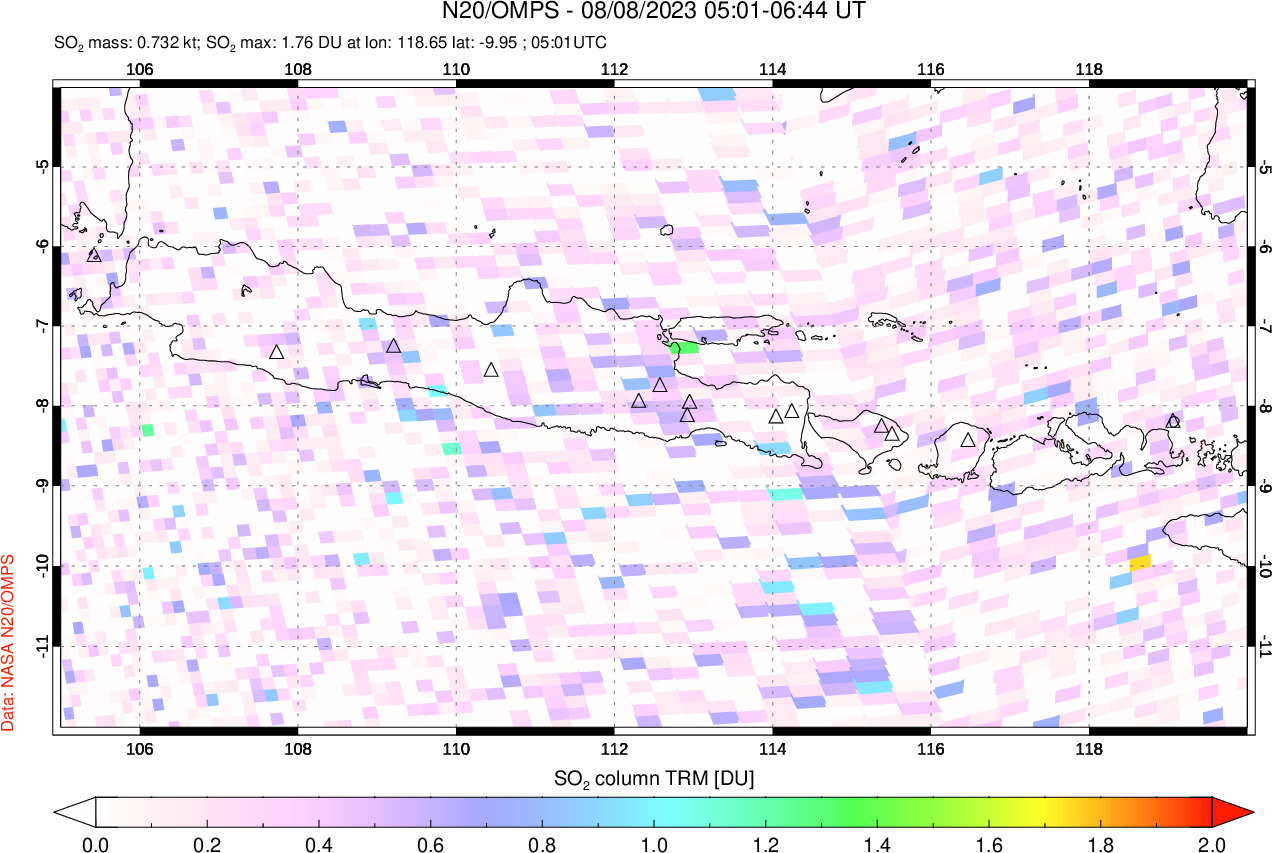 A sulfur dioxide image over Java, Indonesia on Aug 08, 2023.