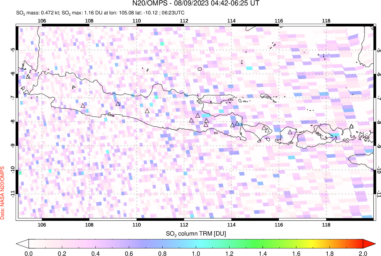 A sulfur dioxide image over Java, Indonesia on Aug 09, 2023.