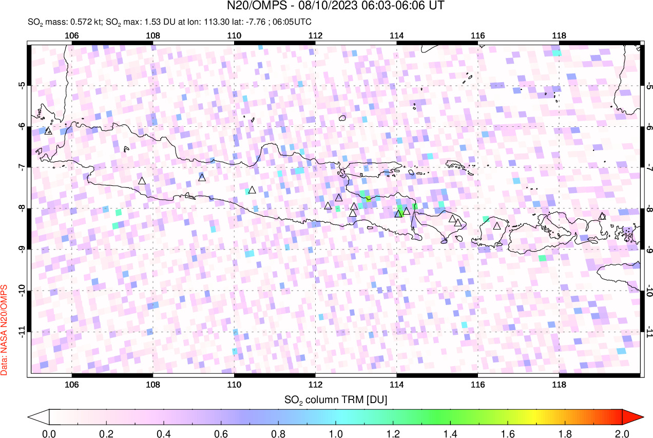 A sulfur dioxide image over Java, Indonesia on Aug 10, 2023.