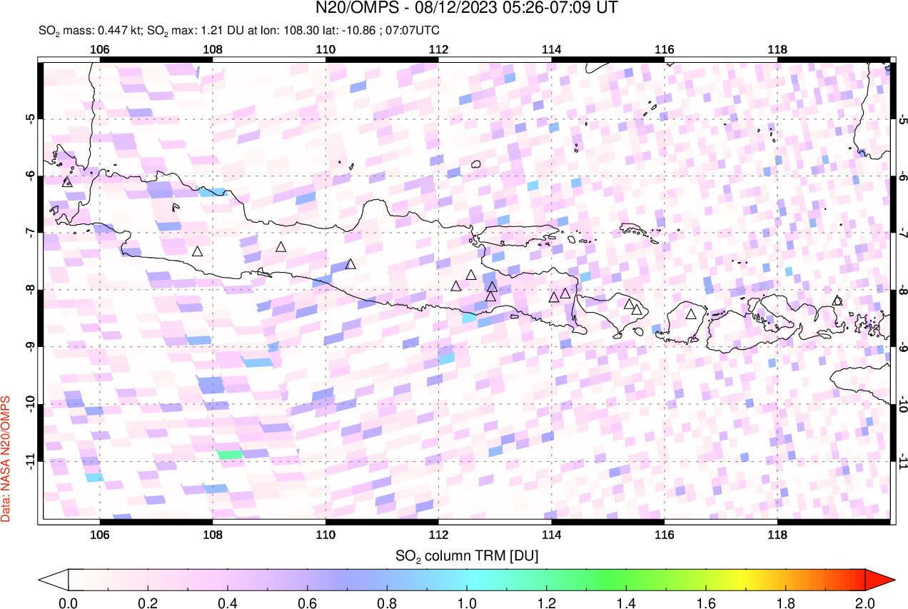 A sulfur dioxide image over Java, Indonesia on Aug 12, 2023.