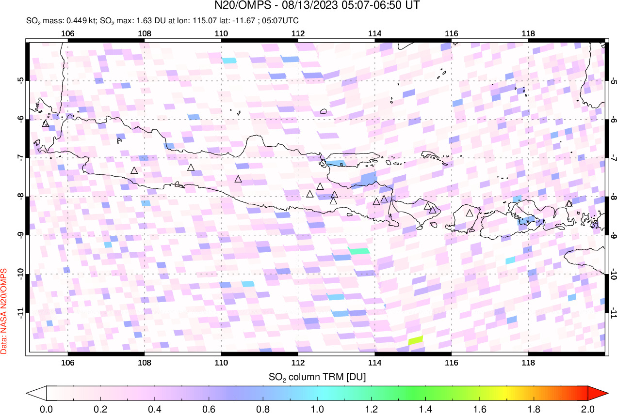 A sulfur dioxide image over Java, Indonesia on Aug 13, 2023.