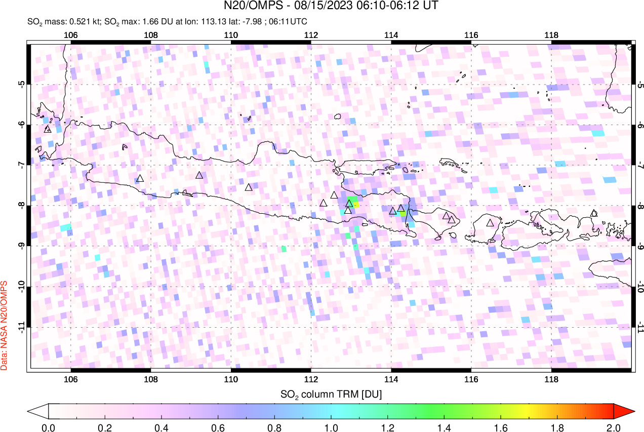 A sulfur dioxide image over Java, Indonesia on Aug 15, 2023.