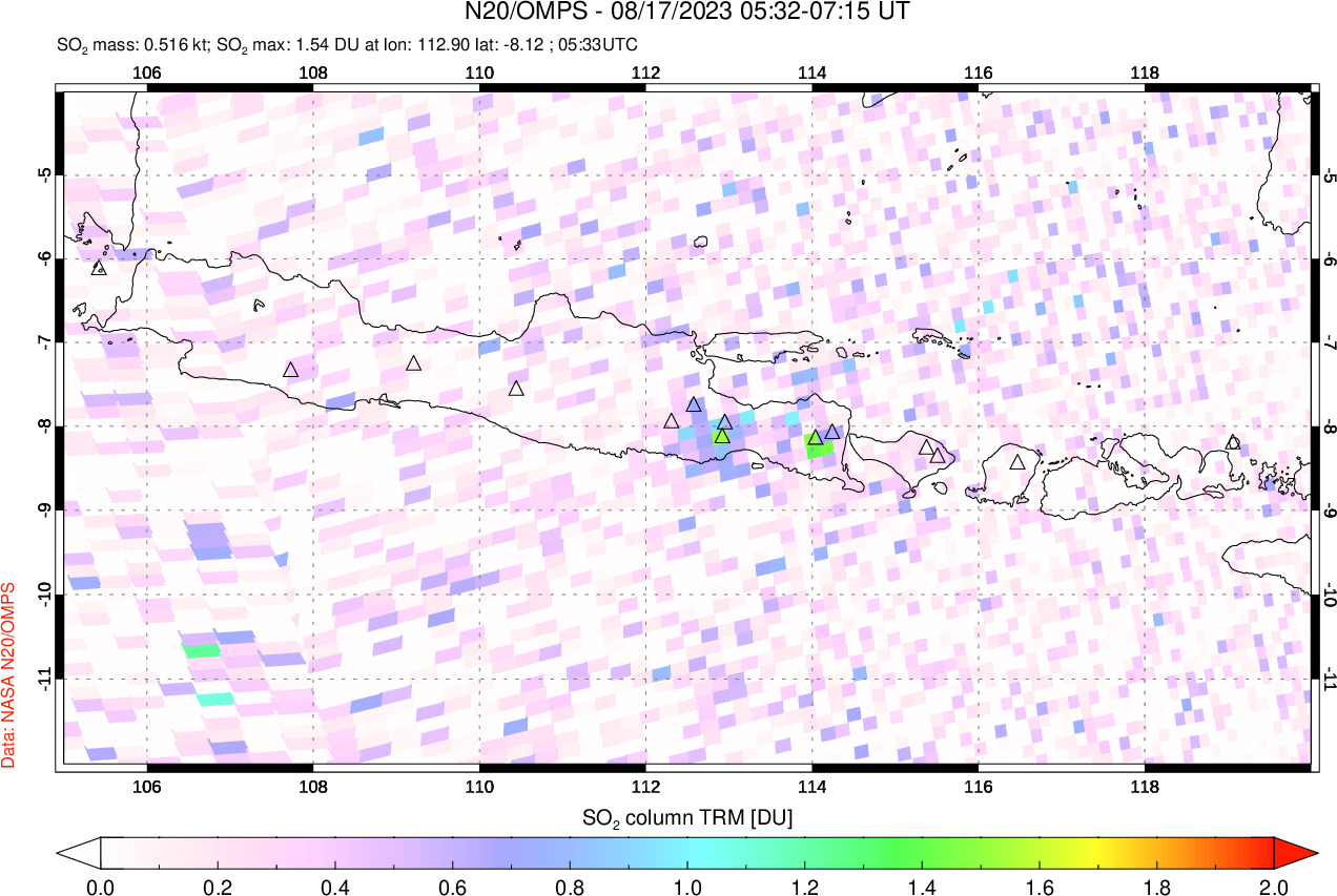 A sulfur dioxide image over Java, Indonesia on Aug 17, 2023.