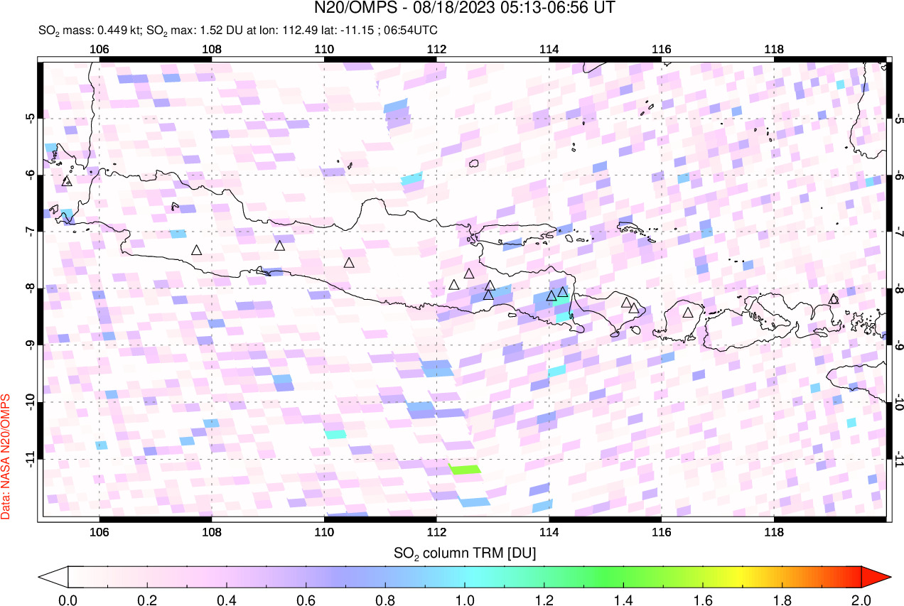 A sulfur dioxide image over Java, Indonesia on Aug 18, 2023.