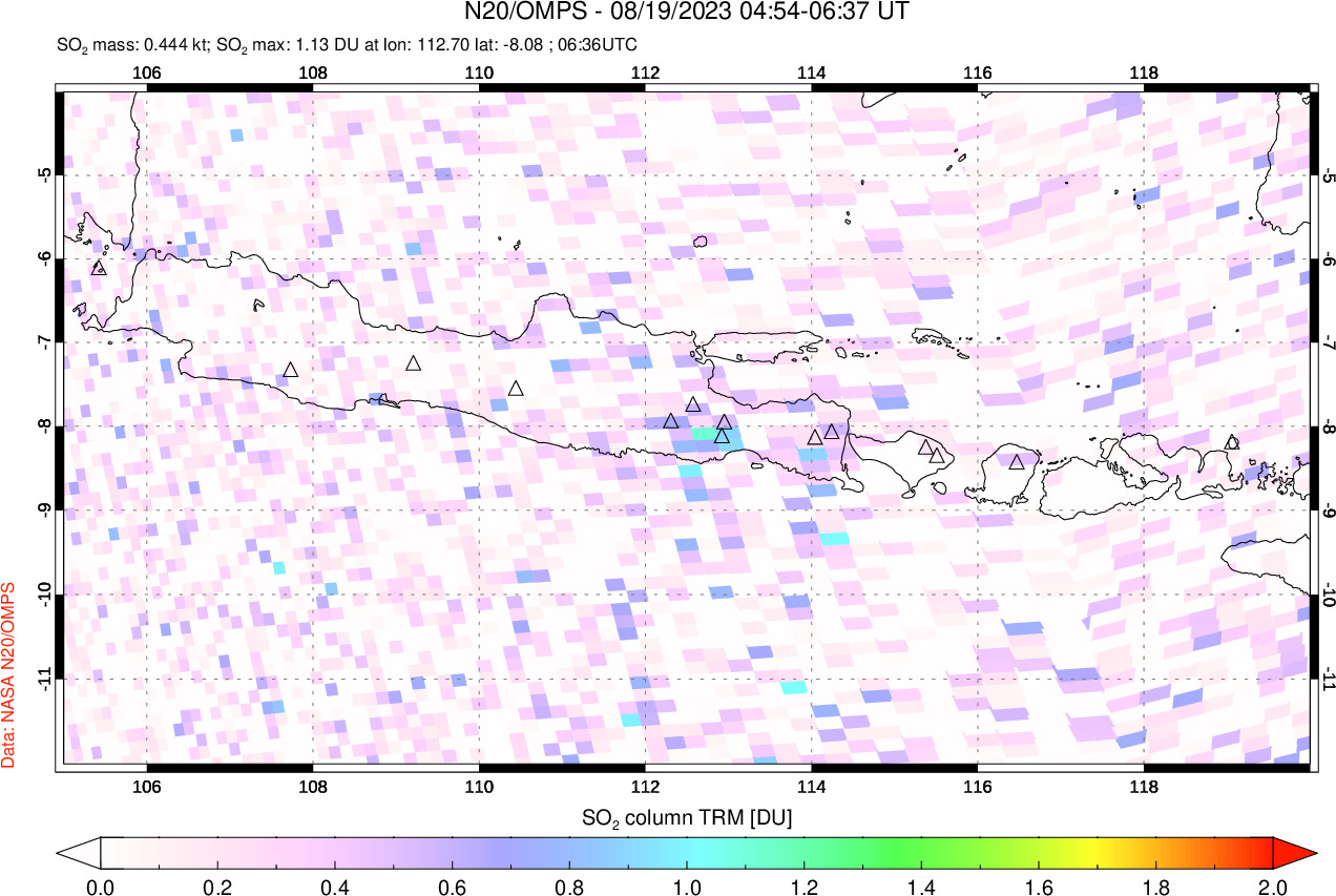 A sulfur dioxide image over Java, Indonesia on Aug 19, 2023.