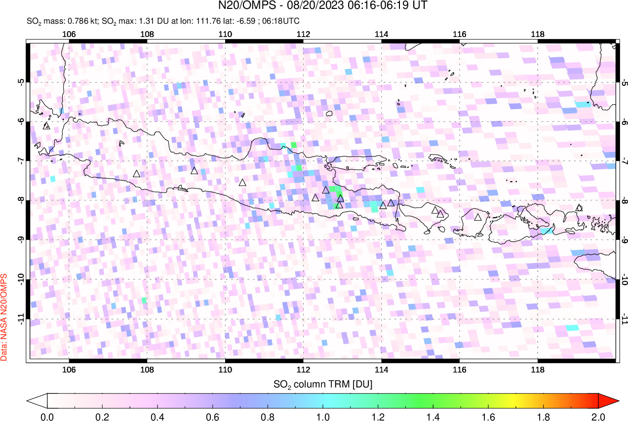 A sulfur dioxide image over Java, Indonesia on Aug 20, 2023.