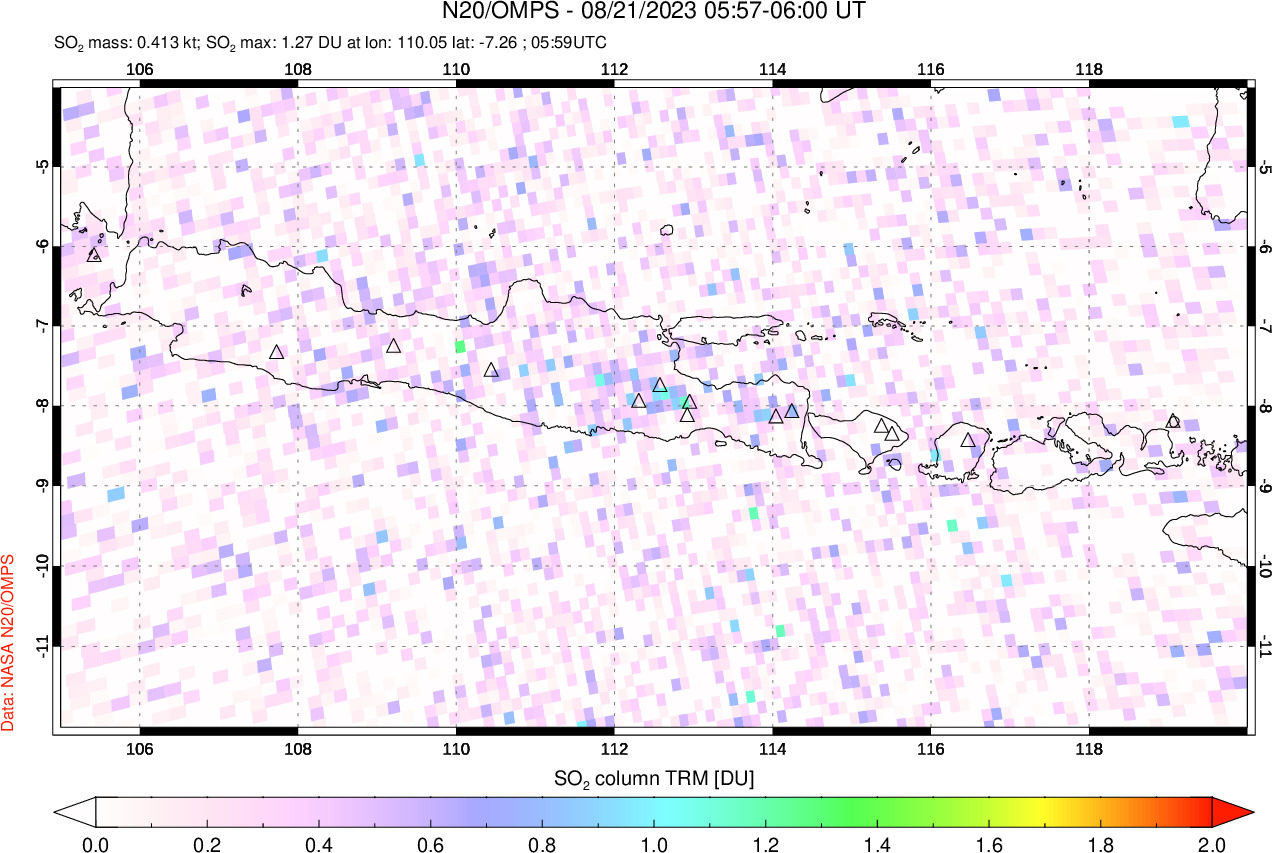 A sulfur dioxide image over Java, Indonesia on Aug 21, 2023.