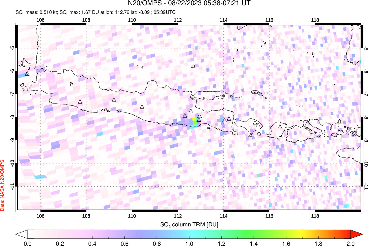 A sulfur dioxide image over Java, Indonesia on Aug 22, 2023.