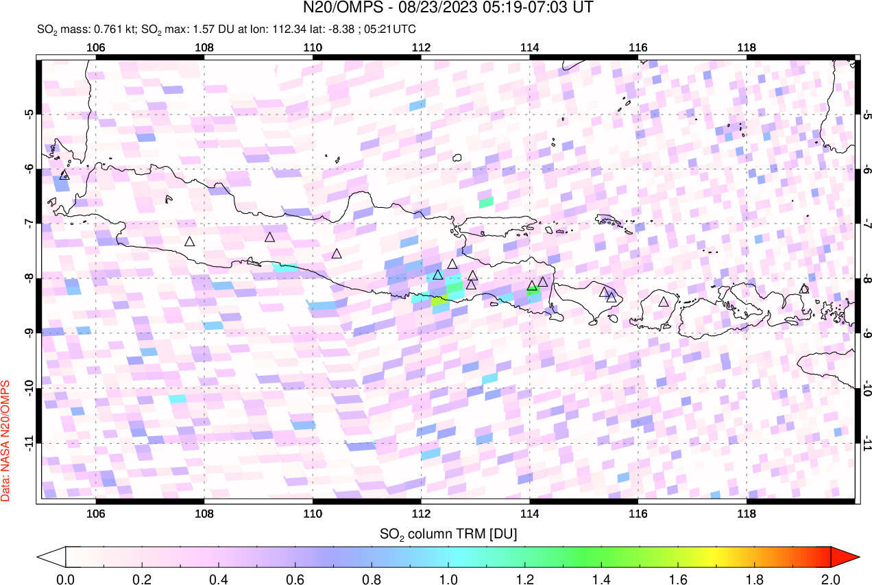 A sulfur dioxide image over Java, Indonesia on Aug 23, 2023.