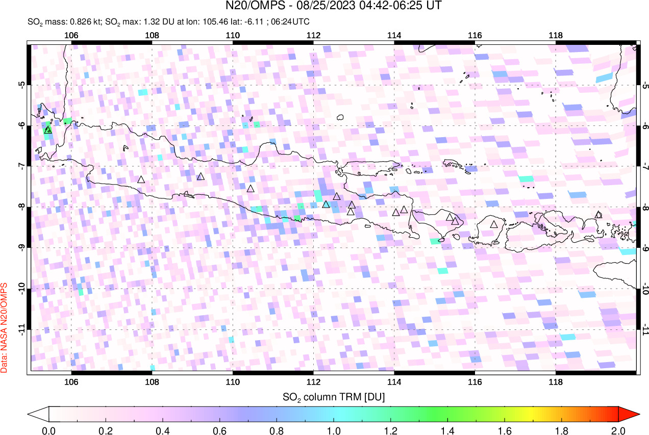 A sulfur dioxide image over Java, Indonesia on Aug 25, 2023.