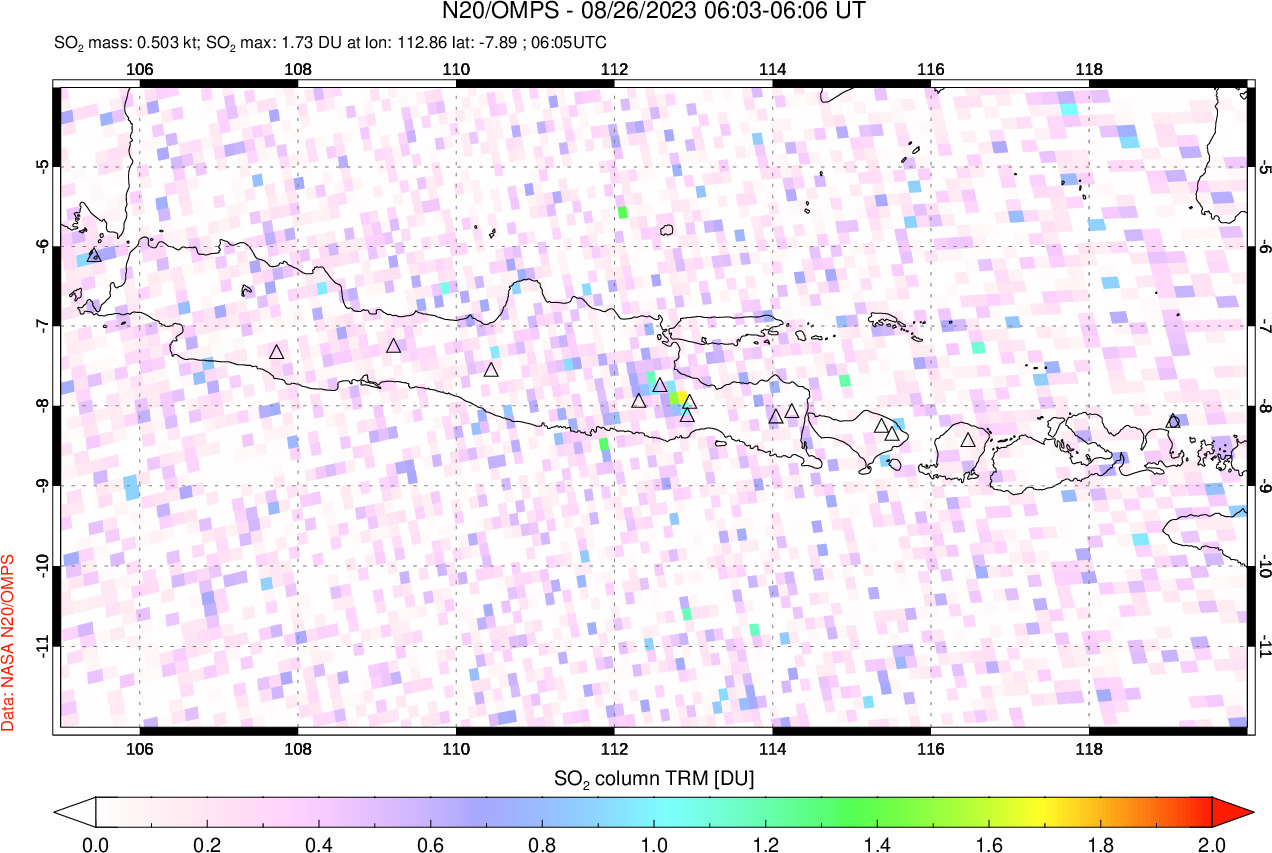 A sulfur dioxide image over Java, Indonesia on Aug 26, 2023.