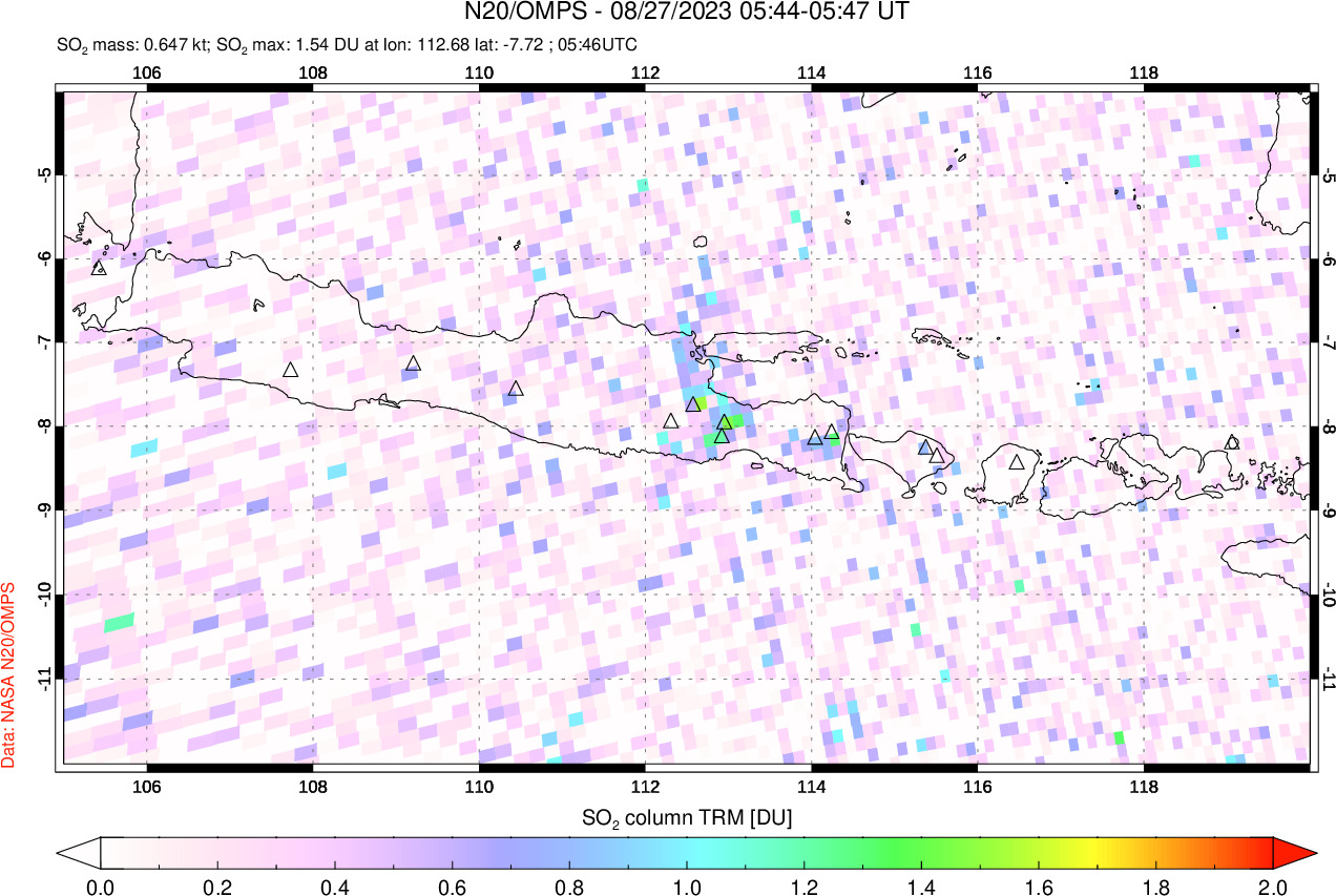 A sulfur dioxide image over Java, Indonesia on Aug 27, 2023.