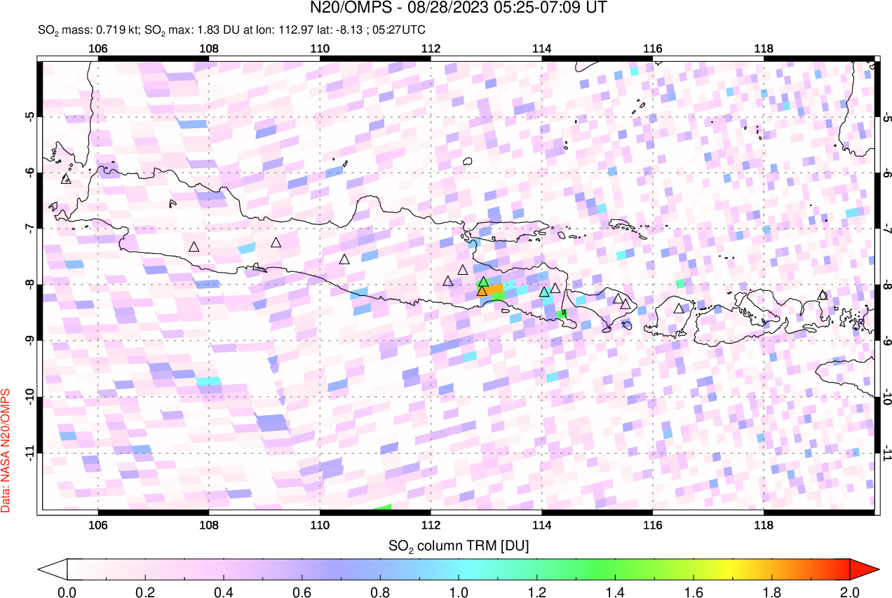 A sulfur dioxide image over Java, Indonesia on Aug 28, 2023.