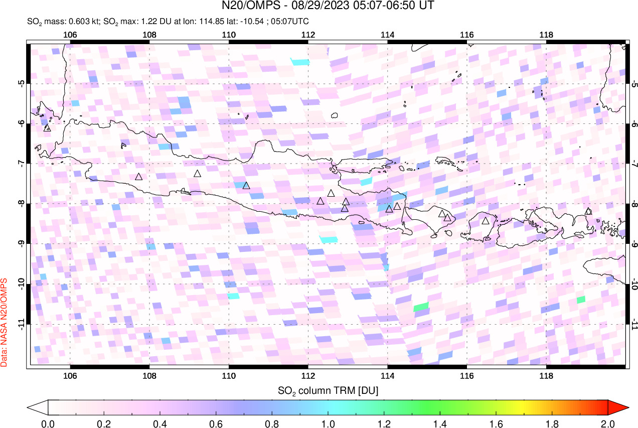 A sulfur dioxide image over Java, Indonesia on Aug 29, 2023.