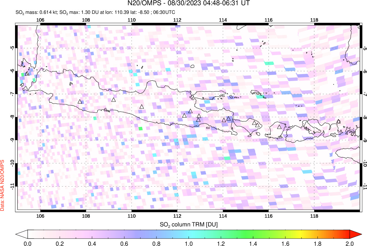 A sulfur dioxide image over Java, Indonesia on Aug 30, 2023.
