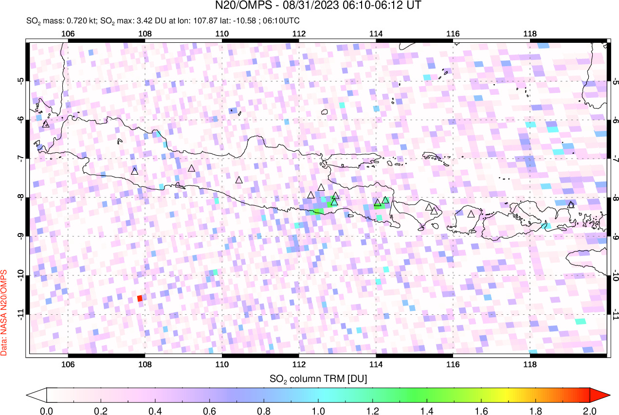 A sulfur dioxide image over Java, Indonesia on Aug 31, 2023.