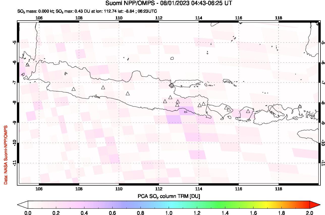 A sulfur dioxide image over Java, Indonesia on Aug 01, 2023.