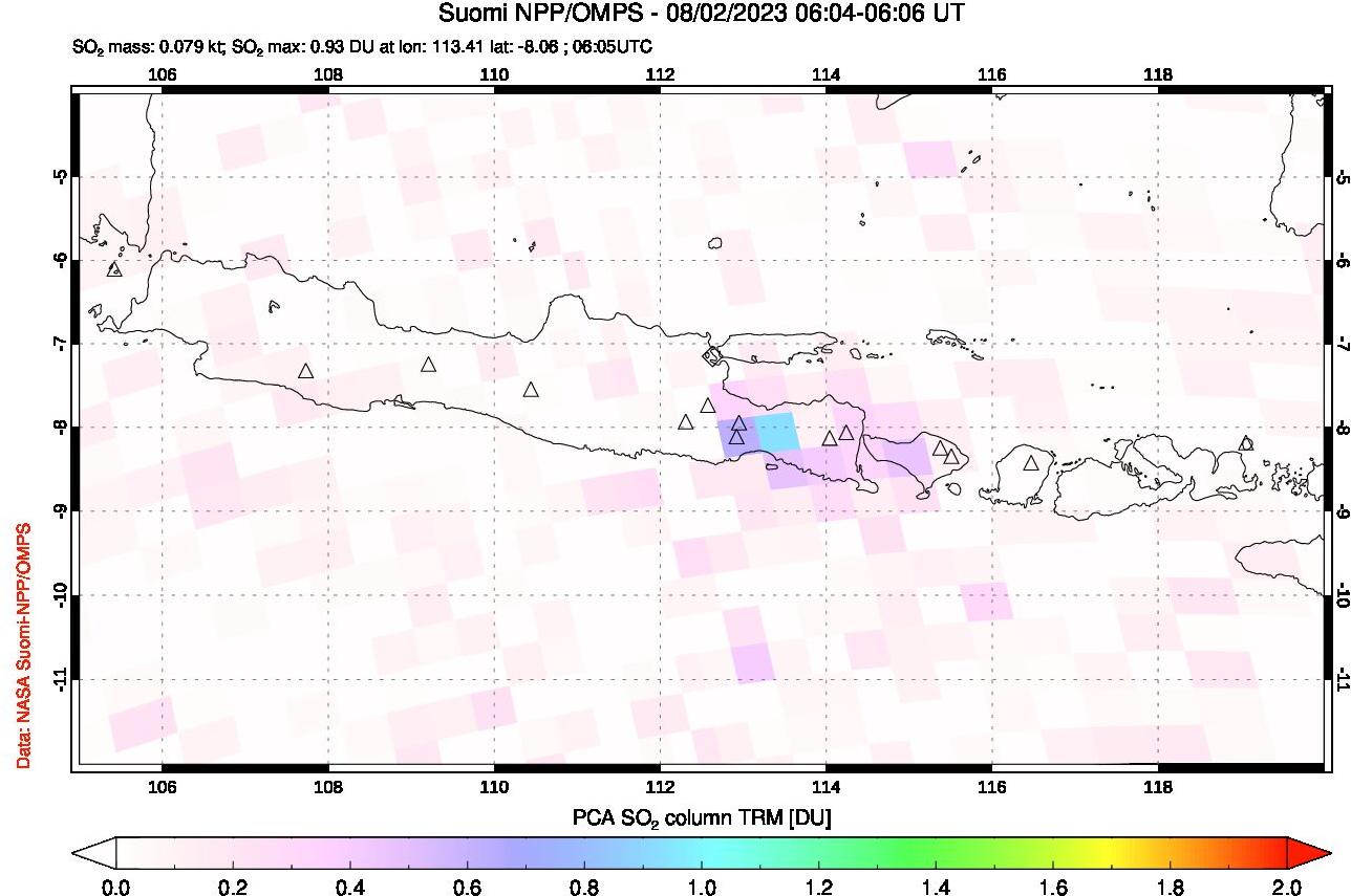 A sulfur dioxide image over Java, Indonesia on Aug 02, 2023.