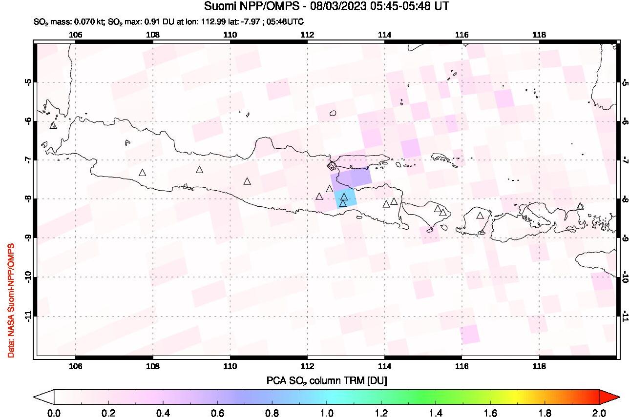 A sulfur dioxide image over Java, Indonesia on Aug 03, 2023.