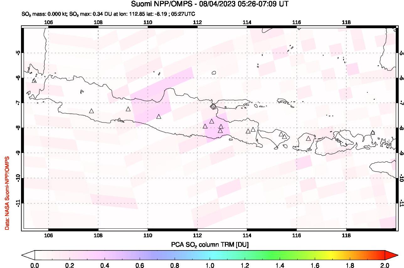 A sulfur dioxide image over Java, Indonesia on Aug 04, 2023.