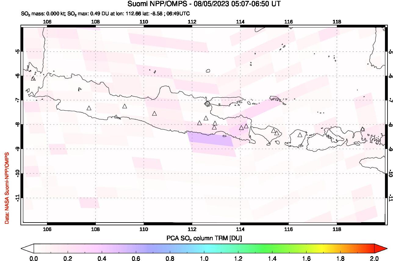 A sulfur dioxide image over Java, Indonesia on Aug 05, 2023.