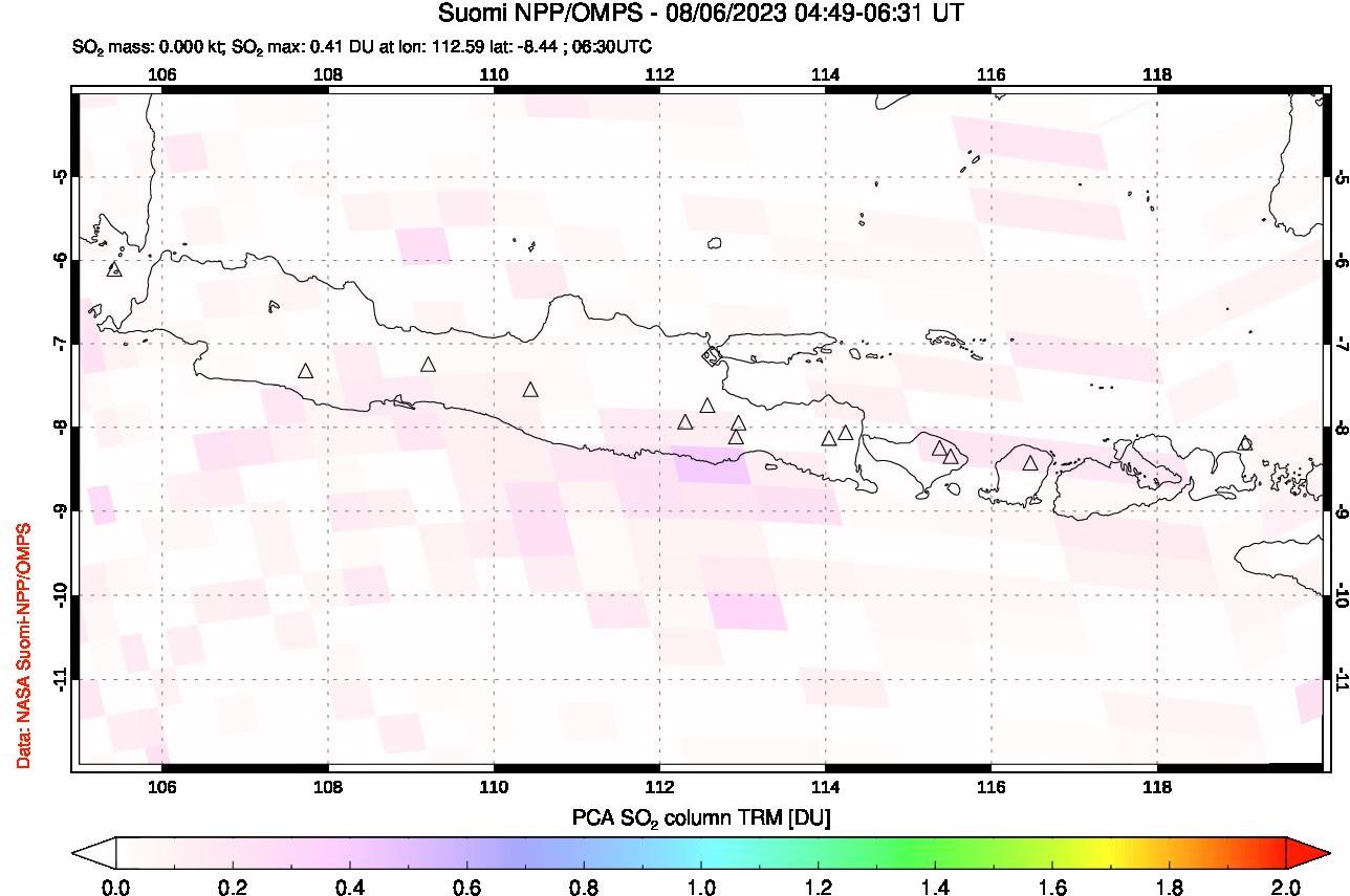 A sulfur dioxide image over Java, Indonesia on Aug 06, 2023.