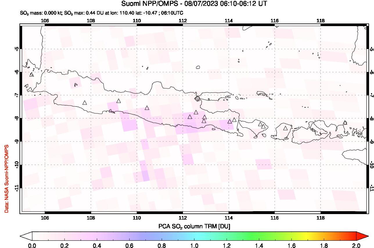 A sulfur dioxide image over Java, Indonesia on Aug 07, 2023.