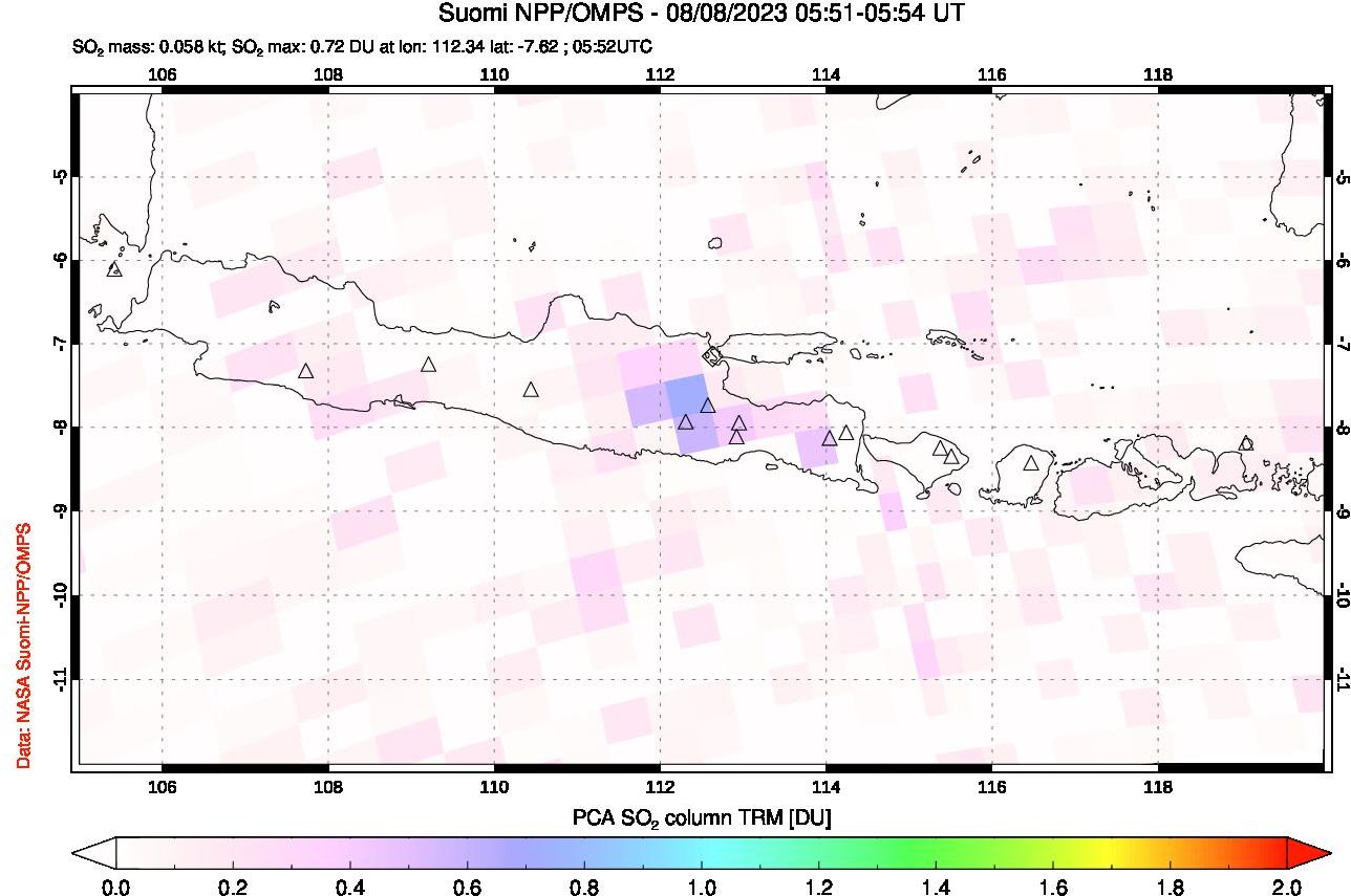 A sulfur dioxide image over Java, Indonesia on Aug 08, 2023.