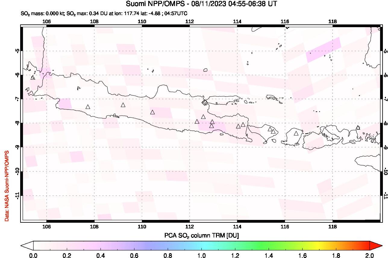 A sulfur dioxide image over Java, Indonesia on Aug 11, 2023.