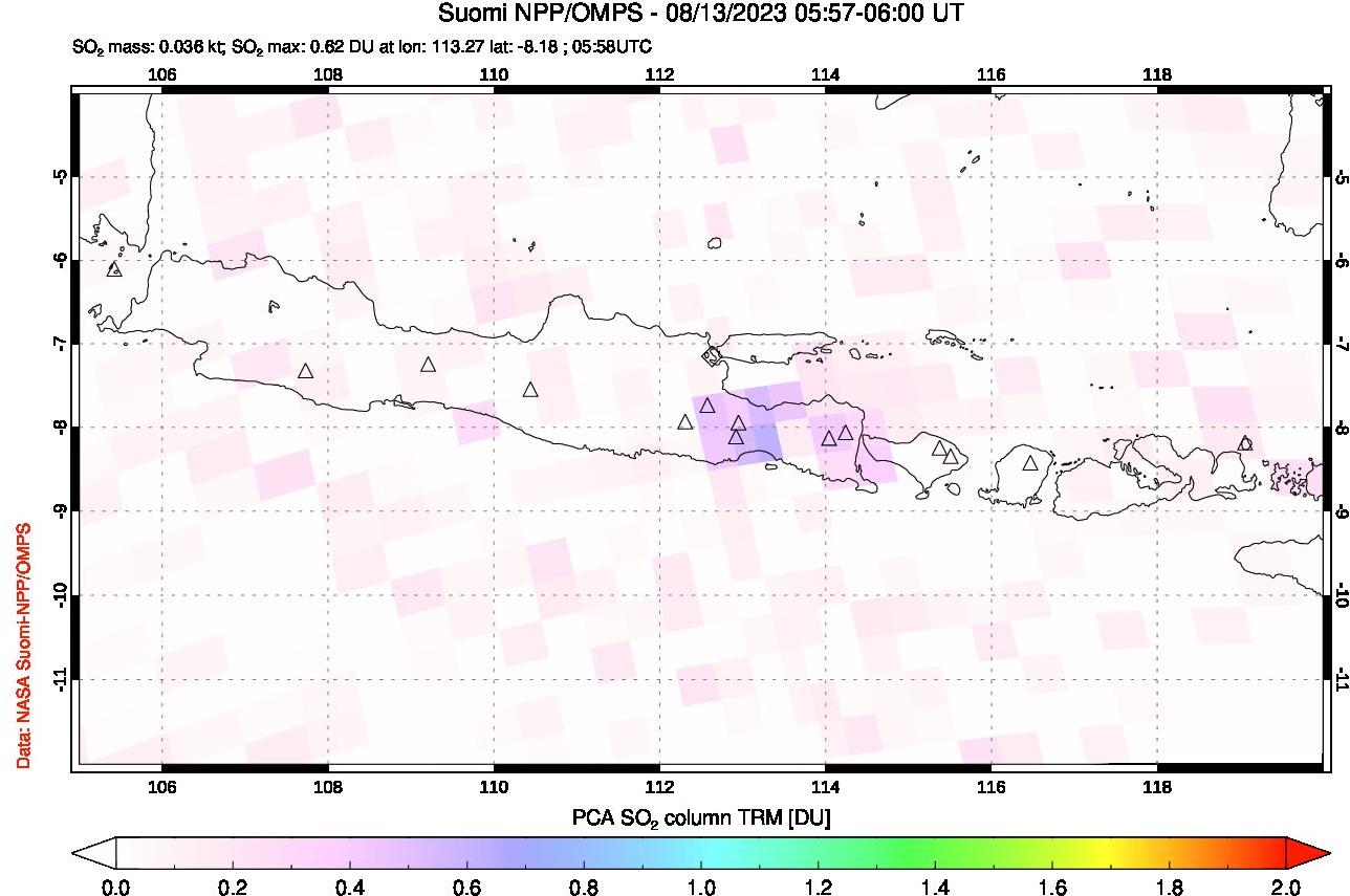 A sulfur dioxide image over Java, Indonesia on Aug 13, 2023.