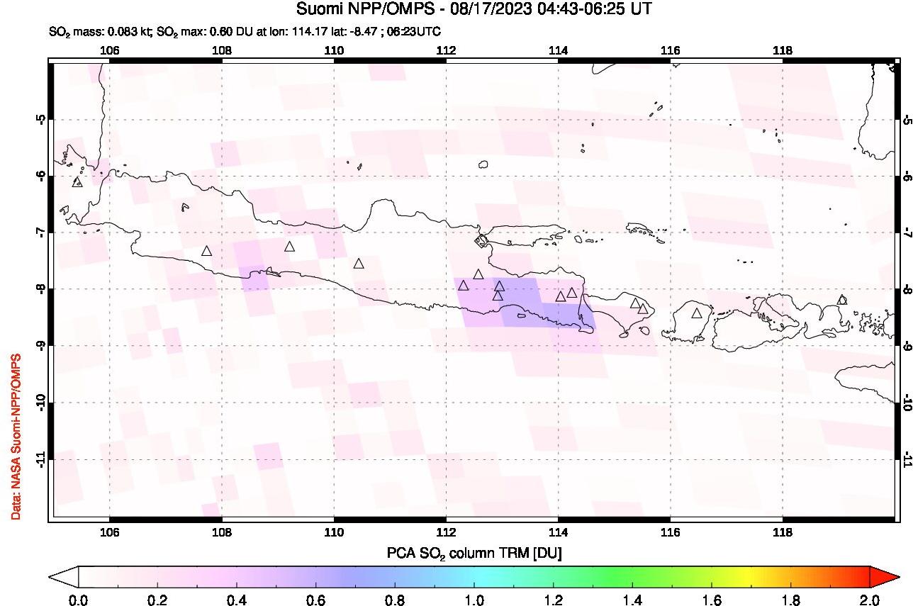 A sulfur dioxide image over Java, Indonesia on Aug 17, 2023.