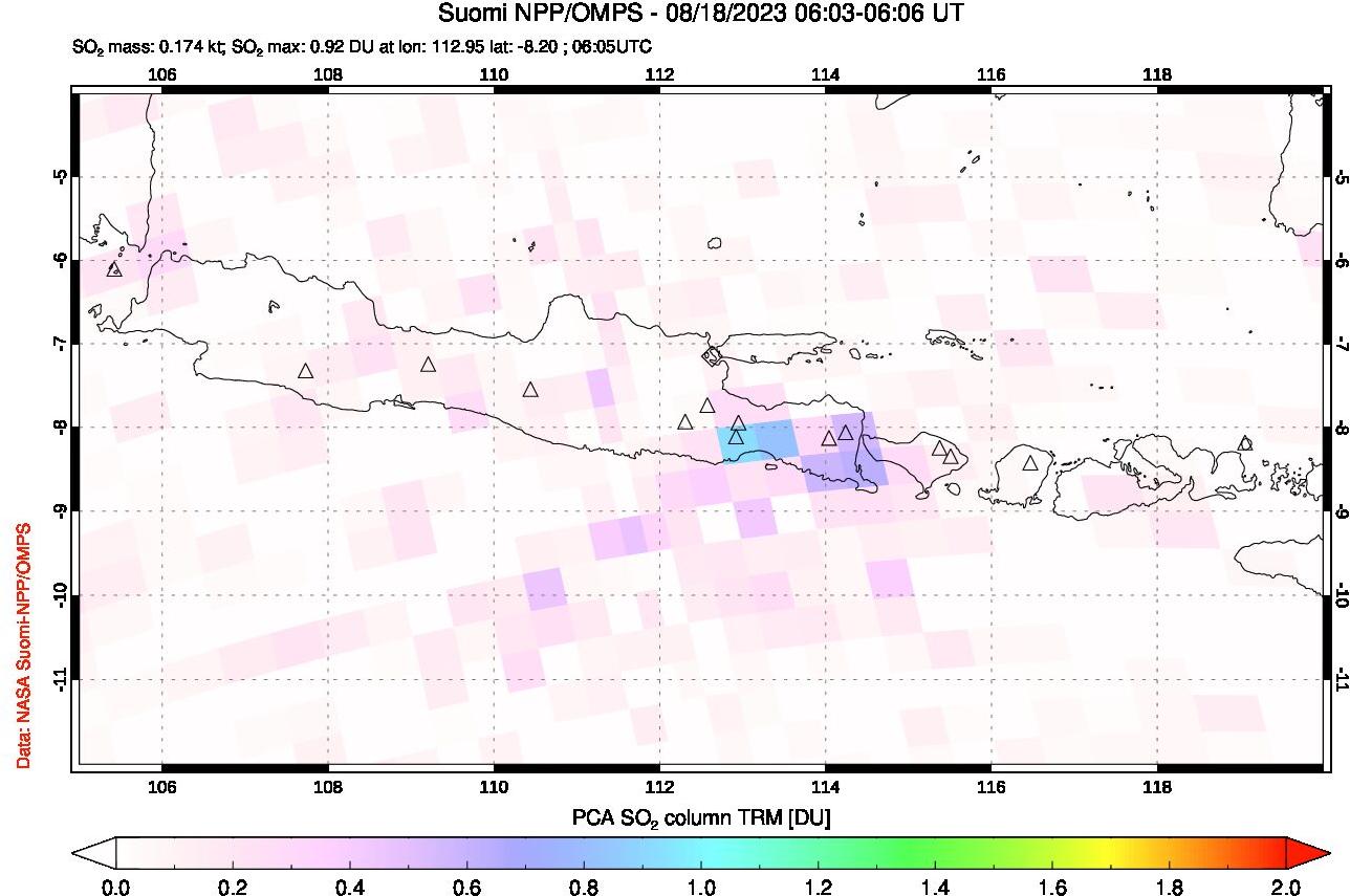 A sulfur dioxide image over Java, Indonesia on Aug 18, 2023.