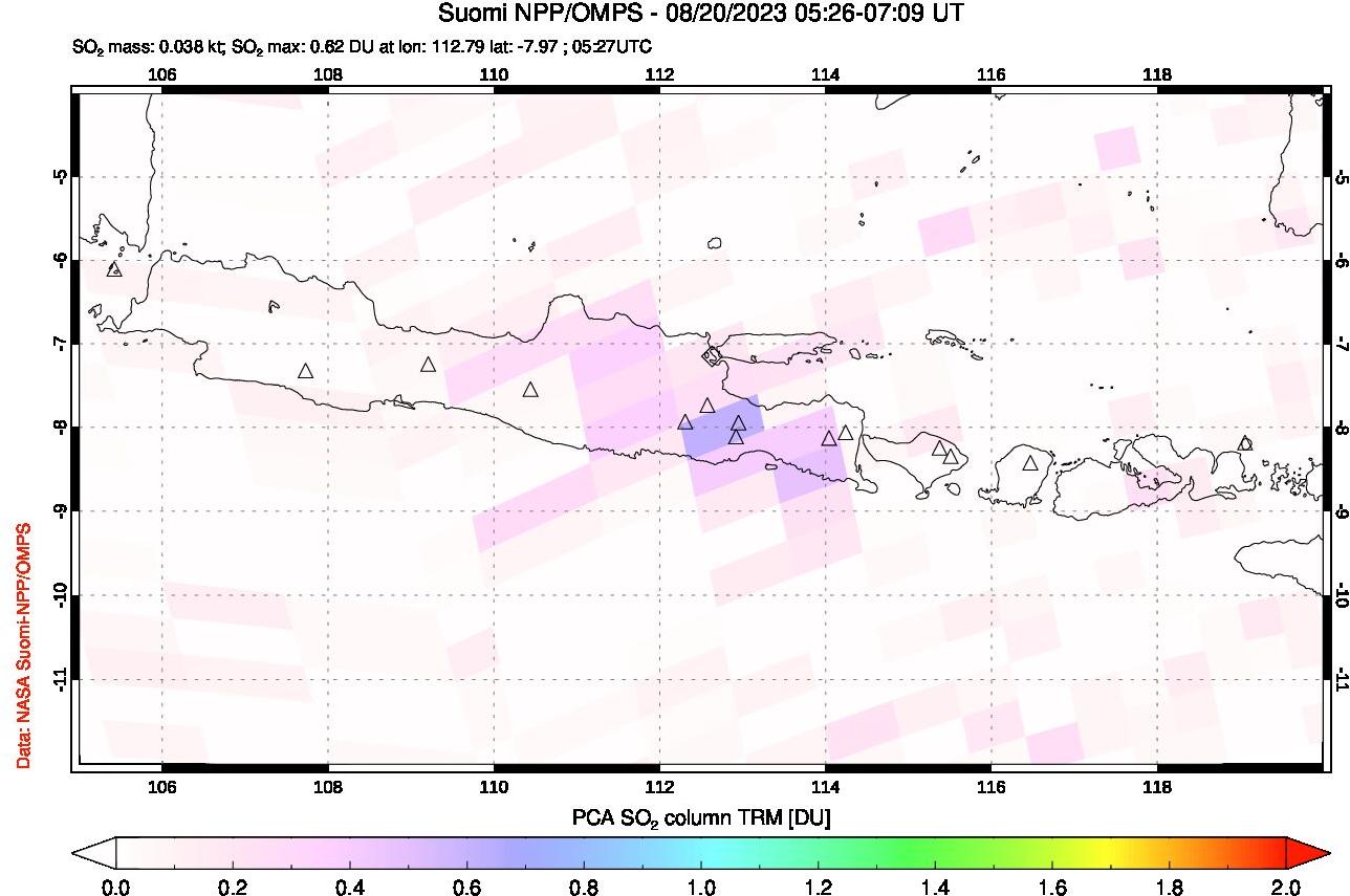 A sulfur dioxide image over Java, Indonesia on Aug 20, 2023.