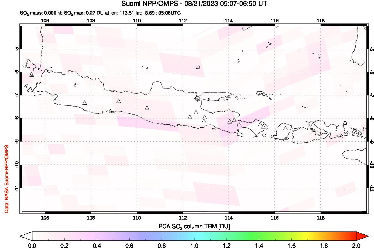 A sulfur dioxide image over Java, Indonesia on Aug 21, 2023.