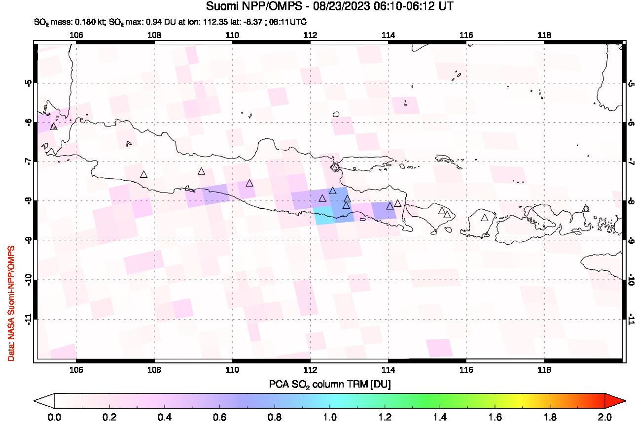 A sulfur dioxide image over Java, Indonesia on Aug 23, 2023.