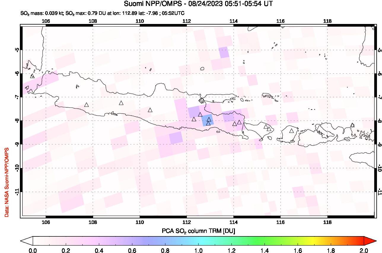 A sulfur dioxide image over Java, Indonesia on Aug 24, 2023.