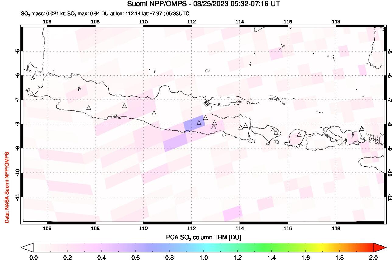 A sulfur dioxide image over Java, Indonesia on Aug 25, 2023.