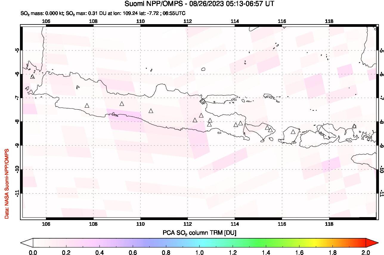 A sulfur dioxide image over Java, Indonesia on Aug 26, 2023.